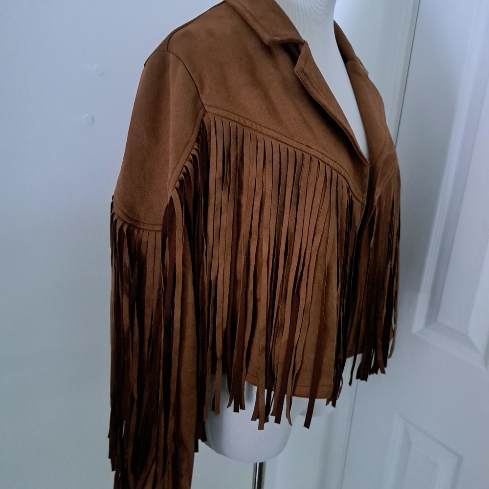 PrettyGarden Brown Faux Suede Fringe‎ Western Cropped Jacket New Large - Picture 3 of 8